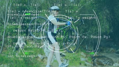 Animation-Der-Datenverarbeitung-Und-Glitch-über-Kaukasische-Bikerin-Mit-Fahrrad