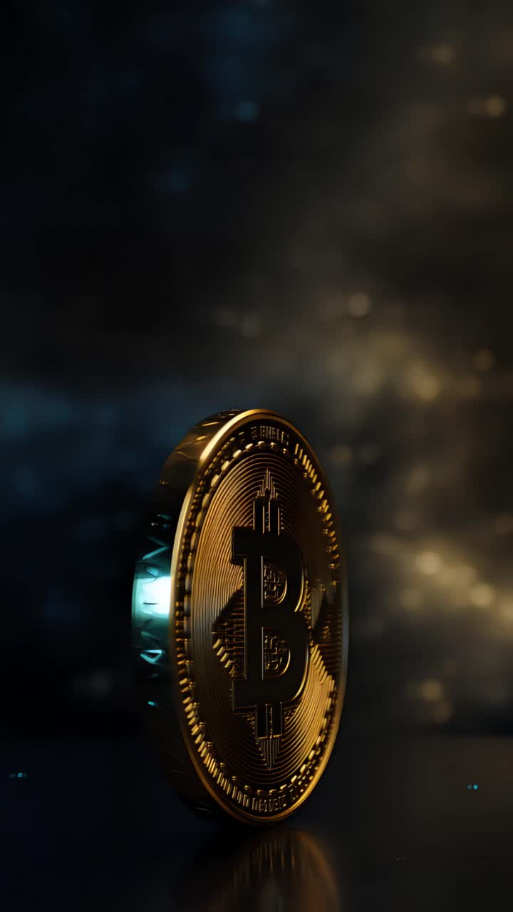 Animação de Bitcoin Dourado Girando em Fundo Escuro Cripto Cinematográfico 4K