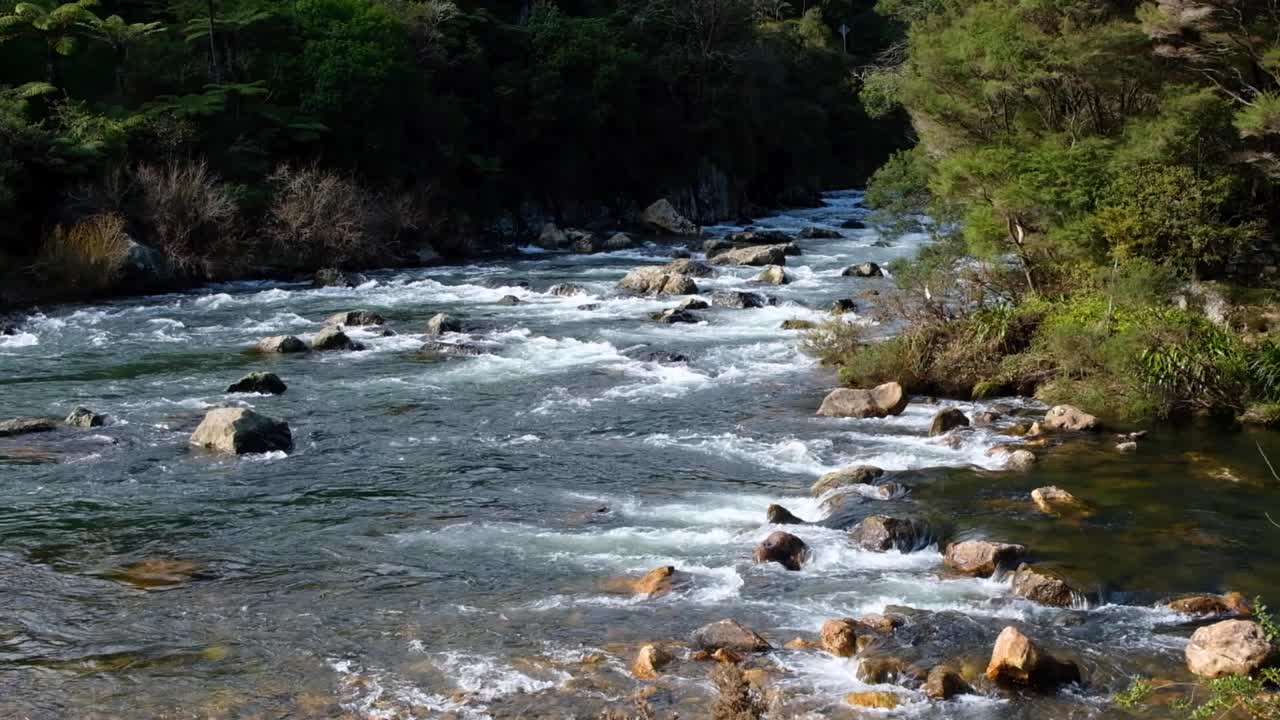 Fast flowing shallow water on the Ohinemuri River within Karangahake Gorge in North Island of New Zealand Aotearoa
