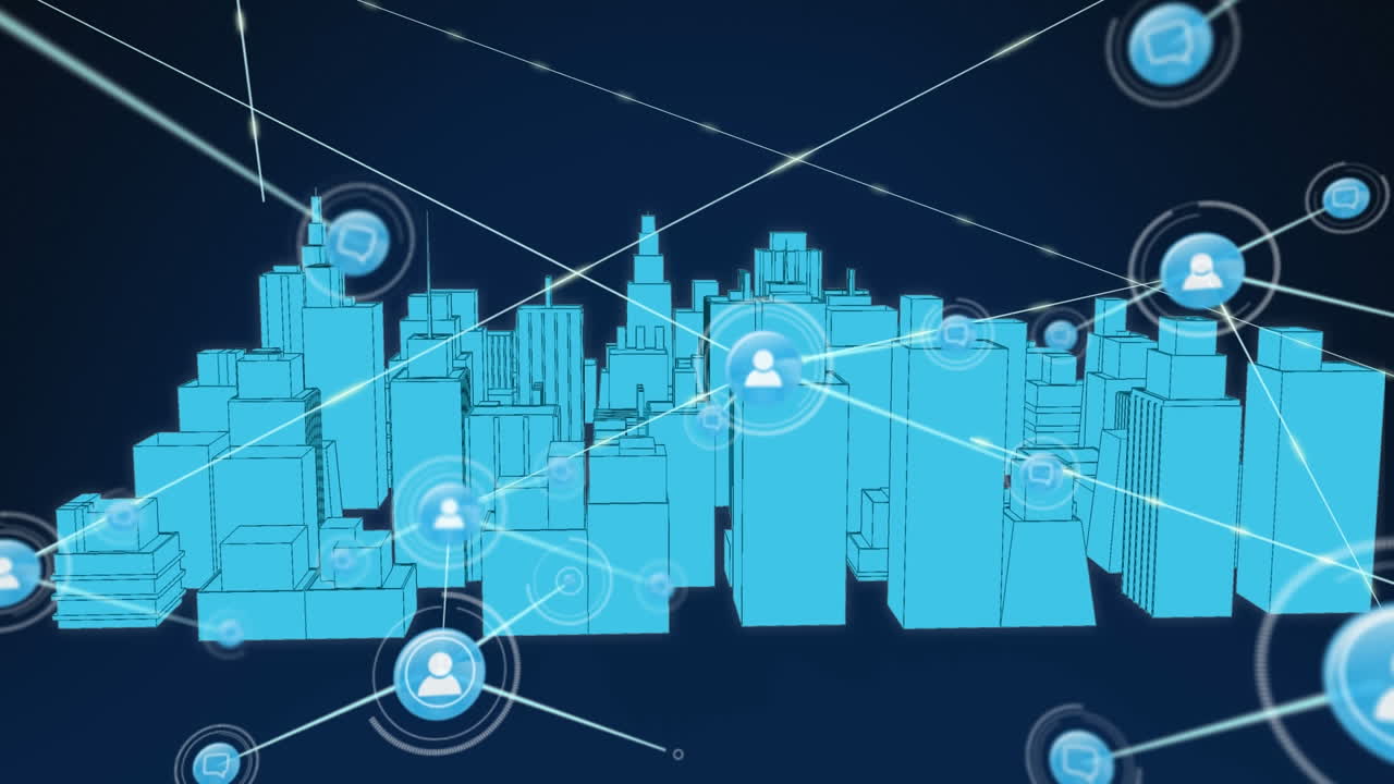Animation of network of connections over metaverse cityscape on dark blue background