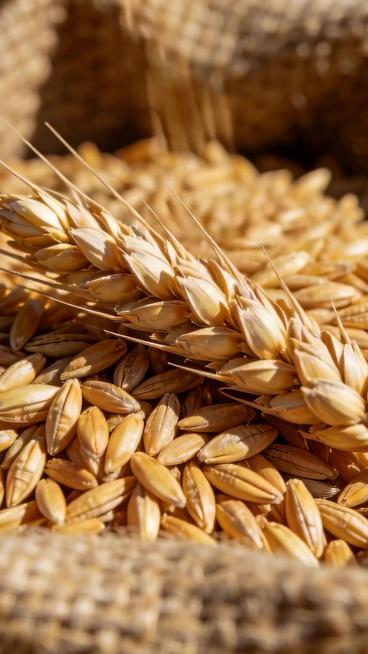 Video verticale: Chicchi che cadono e spingono una spiga di grano, formando un cumulo arrotondato per la conservazione in un sacco di iuta.