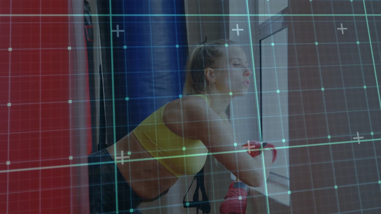 Female boxer leaning on sill looking out causing posture shifts resting red gloves grid overlaying