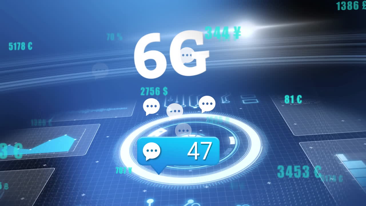 Animation showing 6G technology with digital chat icons and currency symbols