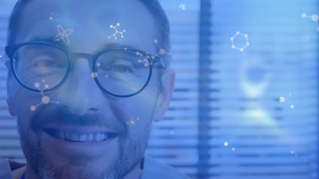 animación de moléculas que caen y procesamiento de datos sobre los hombres