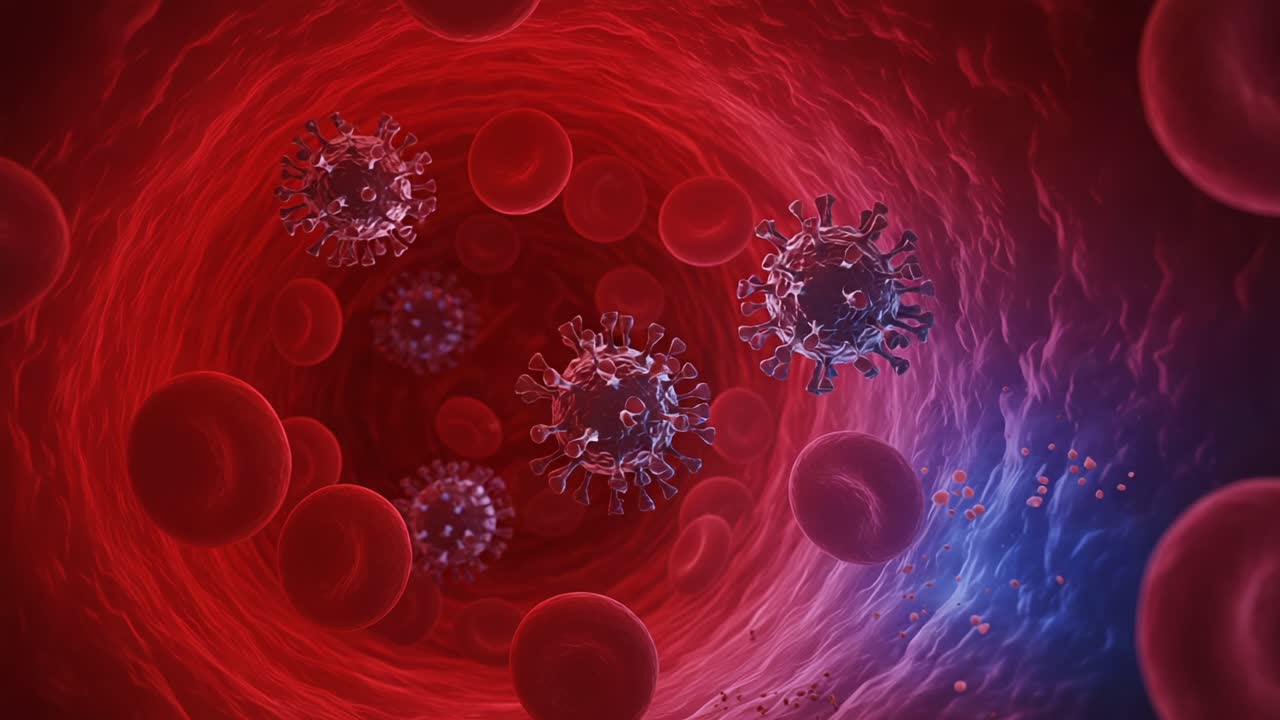 Intricate Visualization of Viruses Interacting with Blood Cells within the Human Circulatory System, Highlighting the Microenvironment of Pathogens in Motion