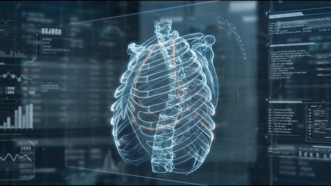 Digital rib cage and lung anatomy displayed across blue clinical interface