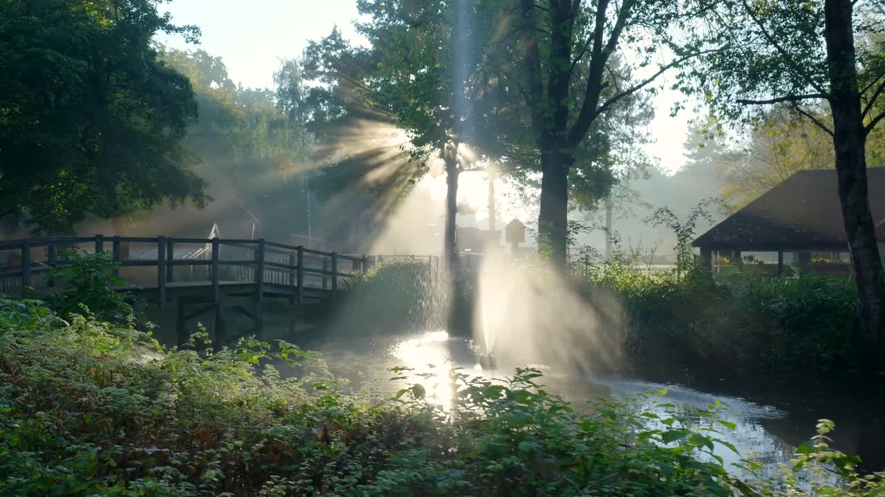 Scenic Landscape with Sunlight, Fountain, and Bridge