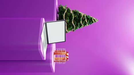 Tecnología-Festiva:-Un-Moderno-Espacio-De-Trabajo-Navideño-Sobre-Fondo-Rosa-Vertical