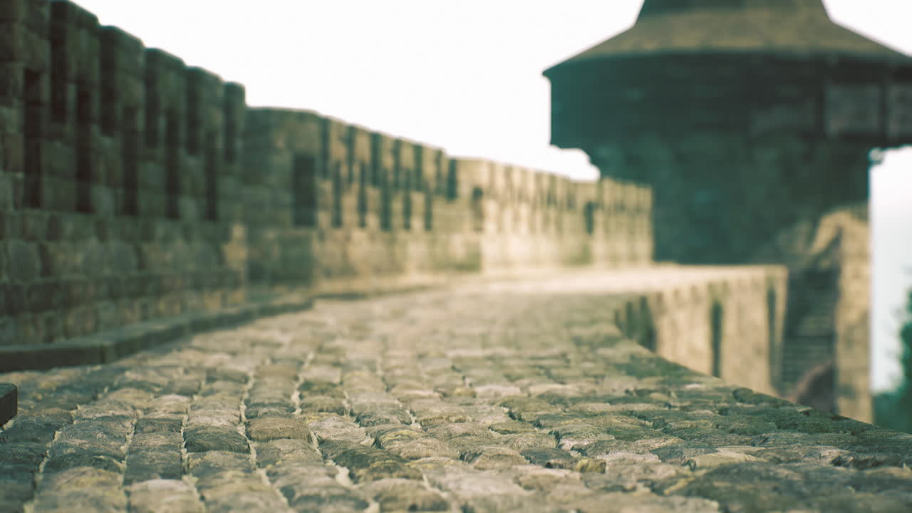 Historical stone pathway leads to ancient tower in misty landscape