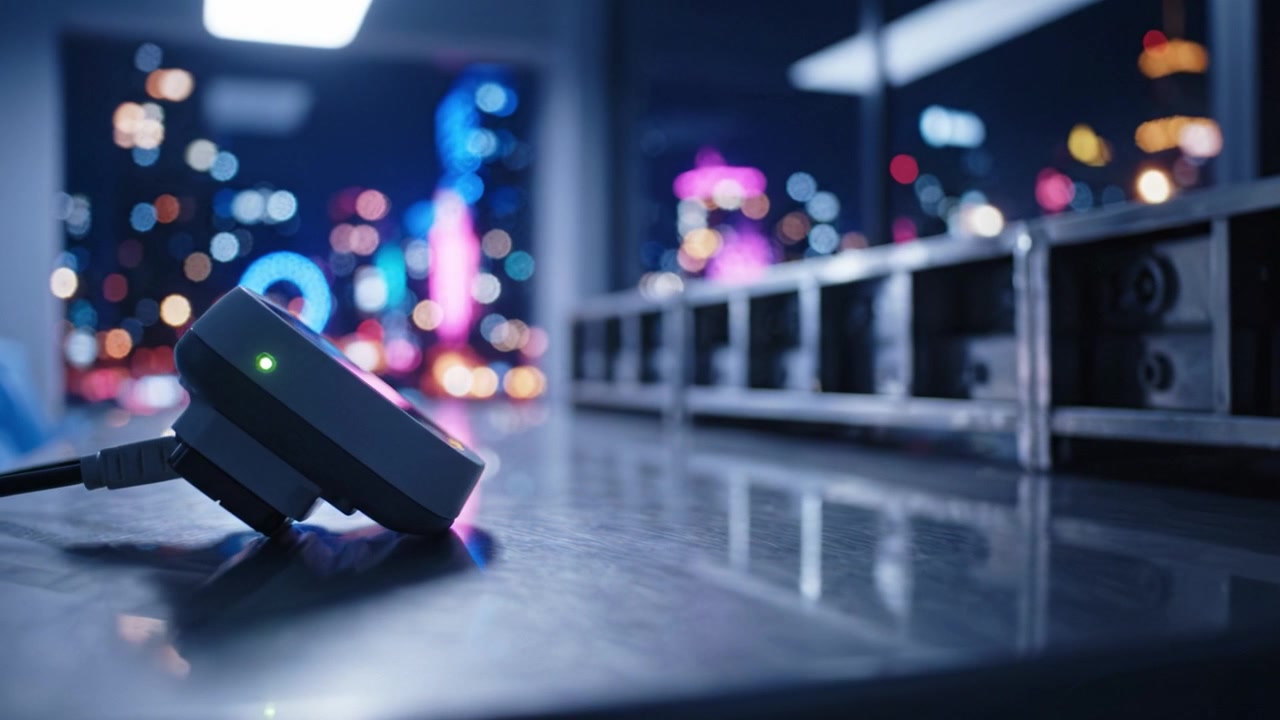 A sleek device rests on a polished table, illuminated under vibrant city lights, capturing the essence of modern technology in a dynamic urban environment.