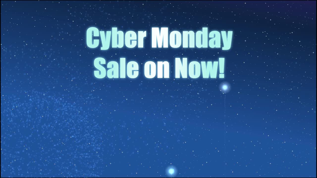 Blue fireworks explode across a starry night sky behind glowing Cyber Monday sale text