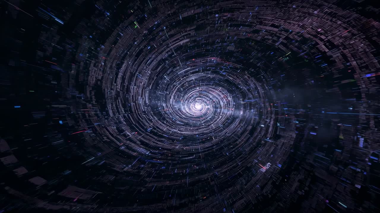 Frames advancing showing bright spiral vortex expanding, revealing core and circuit rings in space