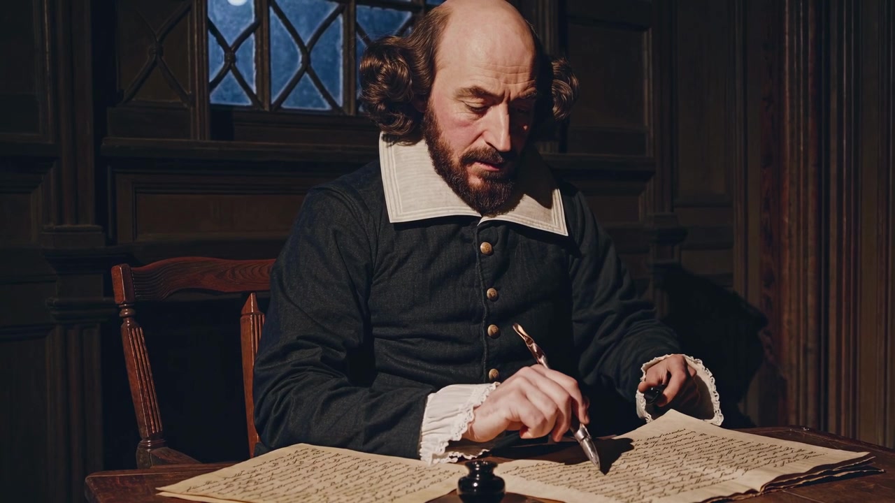Mand klædt ud som Shakespeare, der skriver med en fjerpen