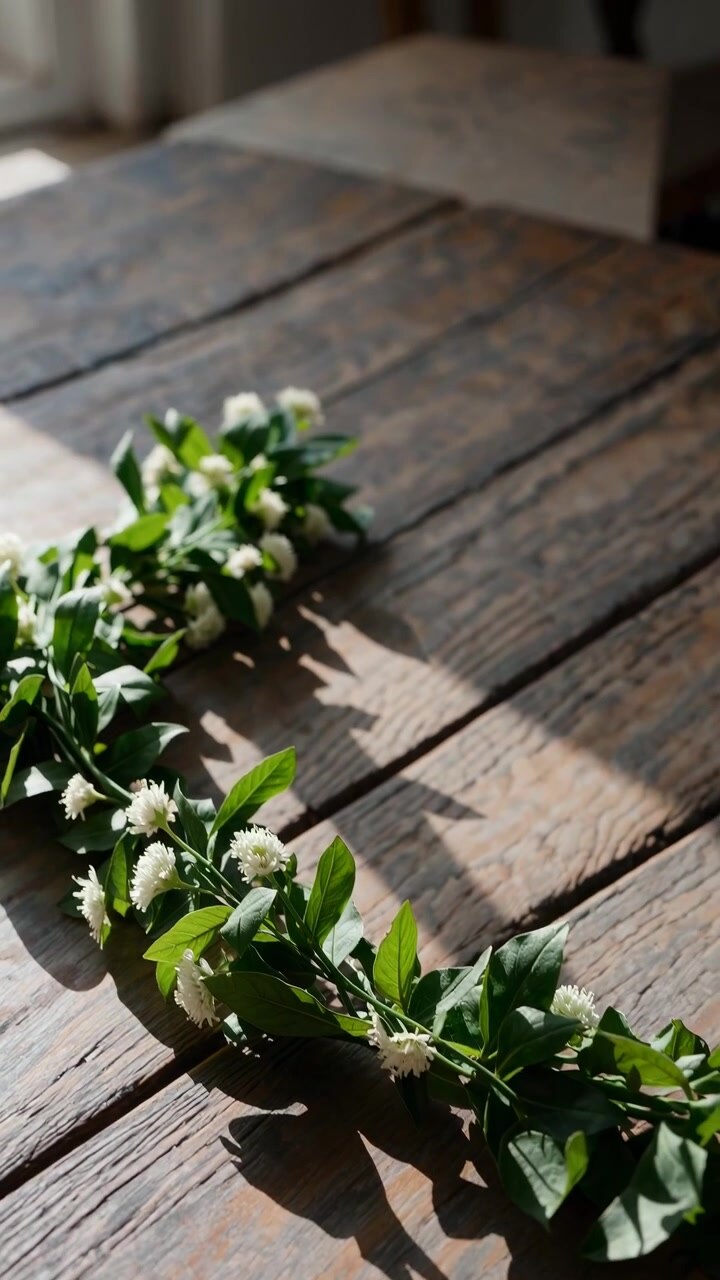 Green Garland with White Flowers on Rustic Wooden Table