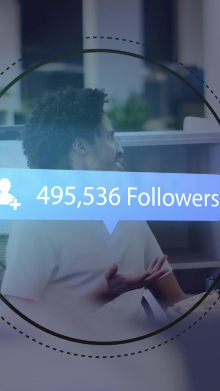 Animation of message box with numbers, followers text, diverse coworkers discussing and eating food