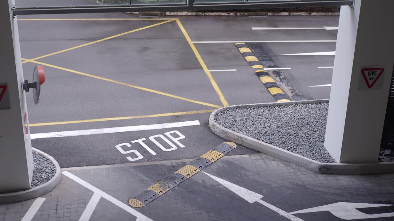 Parking garage with speed bumps and road markings