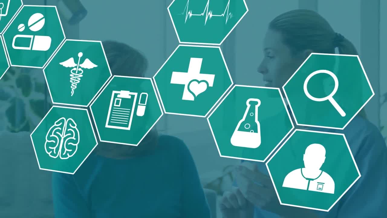 백인 여성 의사와 환자 위에 의료 아이콘의 애니메이션