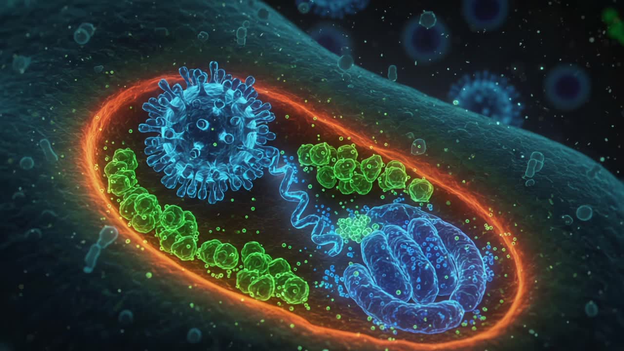 Exploring the Intricacies of Cellular Structures: A Vivid Representation of Virus Interaction Within a Host Cell at Microscopic Level