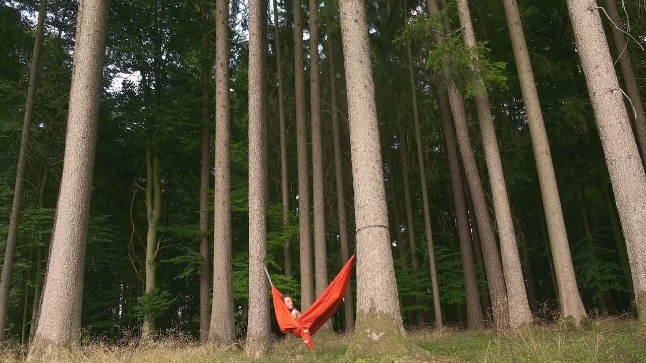Man relaxes in hammock among tall trees on a peaceful day outdoors