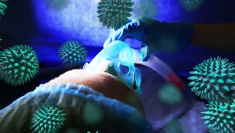 animación de la propagación del coronavirus covid19 con un trabajador de la salud en el fondo