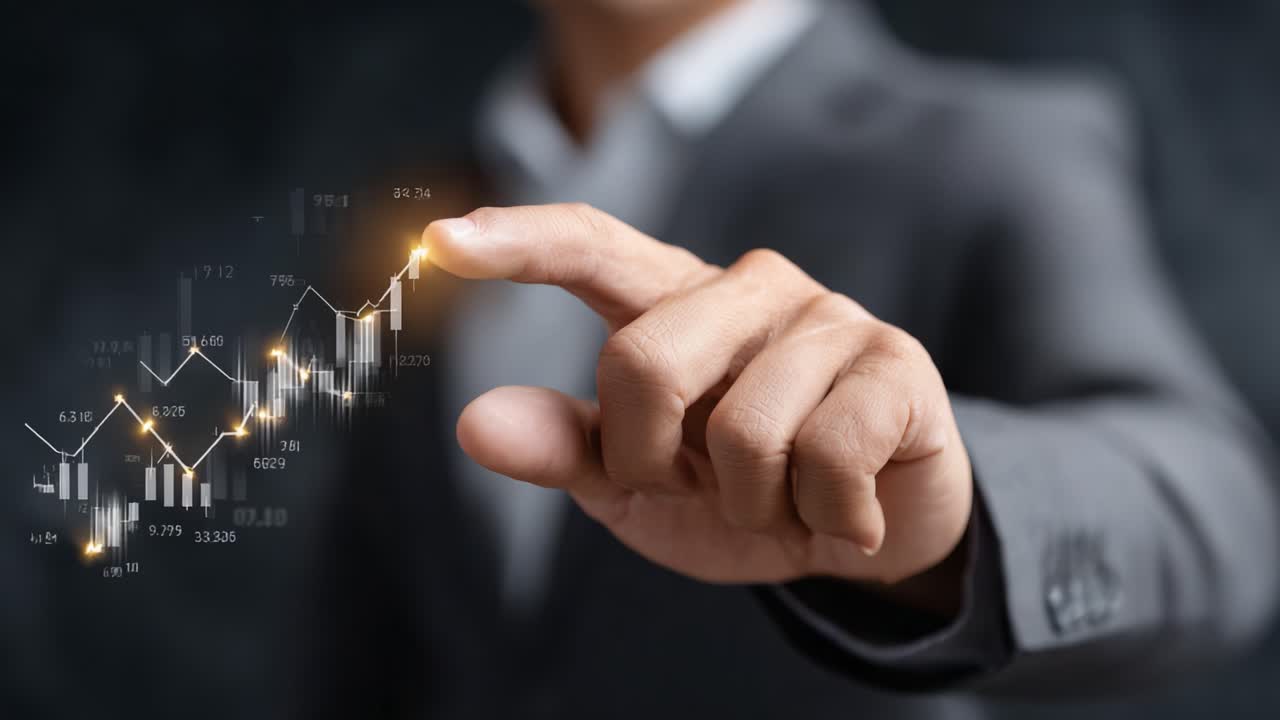 Business Professional Using Touch Interface to Analyze and Manipulate Financial Stock Market Data Through Interactive Graph Visualization