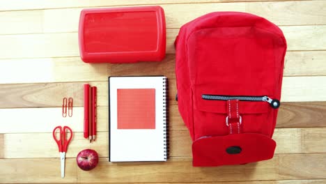 bolsa de la escuela con diario, lápiz de manzana, tijera, clip de papel y caja de tiffin