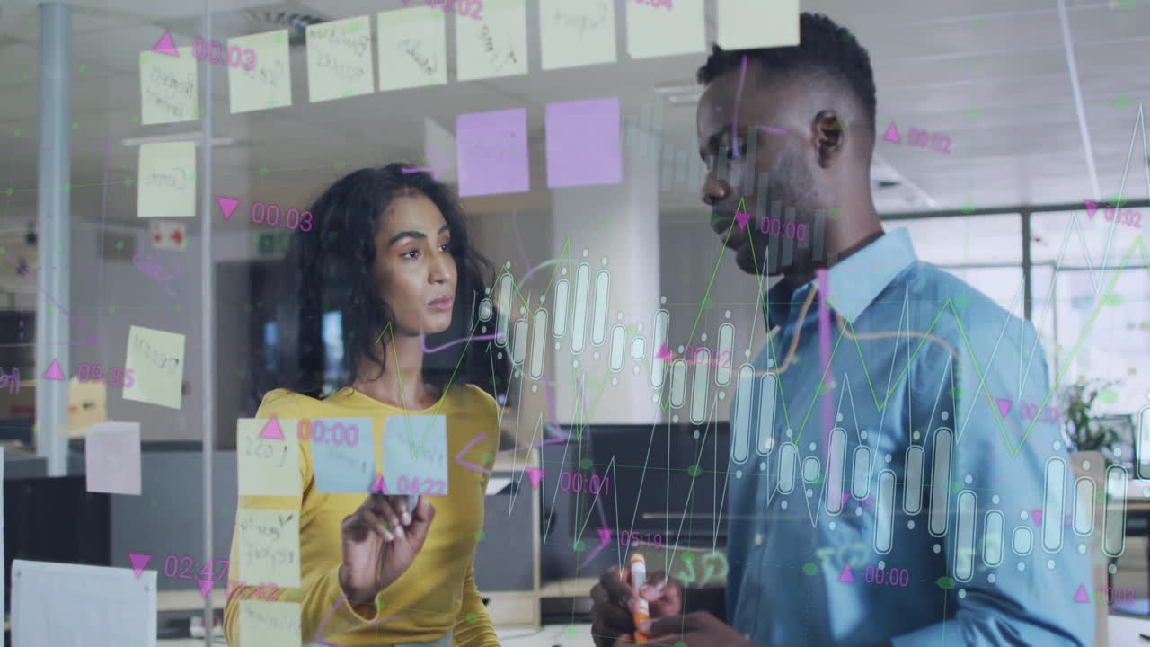 Animation of diagram and data processing over diverse colleagues talking in office