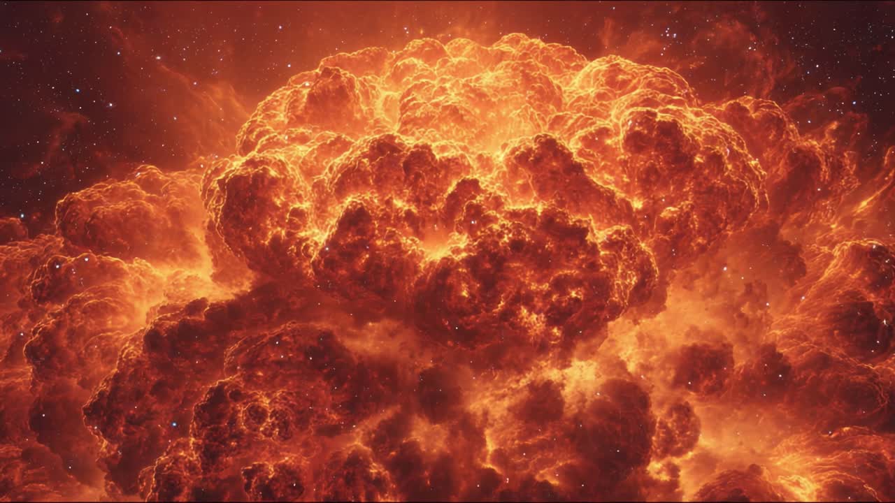 A stunning visual of an explosive cosmic event, showcasing a vibrant and intricate cloud of fiery gases and particles in a spectacular display of energy and light across the universe