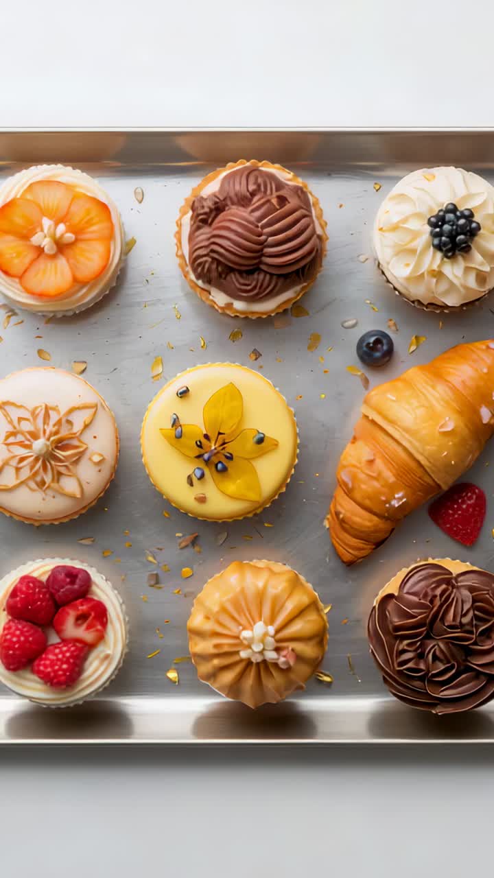 Vertical video: Shifting frame centering tray on counter, showing lemon tart and chocolate tart