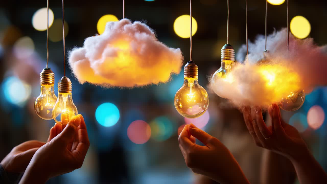 Enchanting display of hanging light bulbs surrounded by fluffy clouds, creating a dreamy atmospheric ambiance with a warm glow that captivates the viewer's imagination and creativity