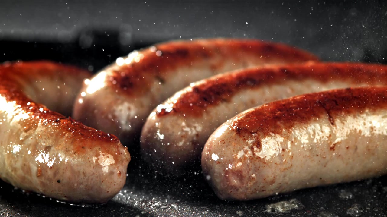 Primo piano di salsicce che friggono e sfrigolano in una padella calda