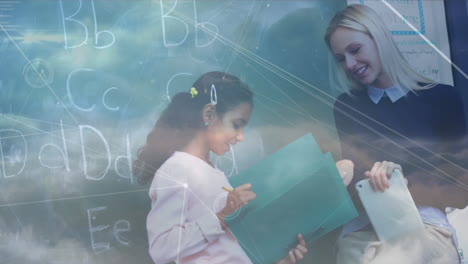 red de conexiones y procesamiento de datos contra una maestra hablando con una niña en clase