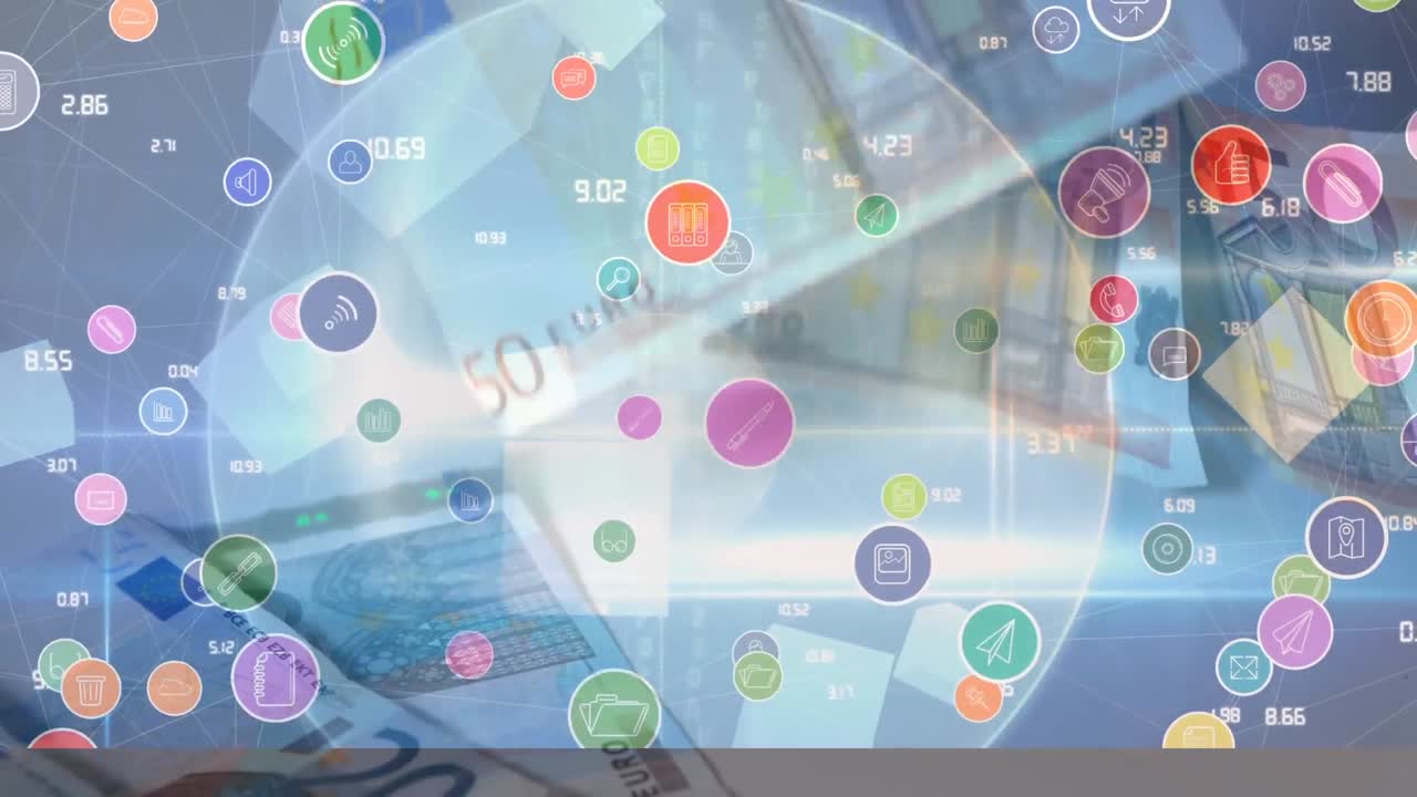 다채로운 디지털 아이콘을 유로 화폐의 지폐와 지구 위에 애니메이션으로 표시합니다.