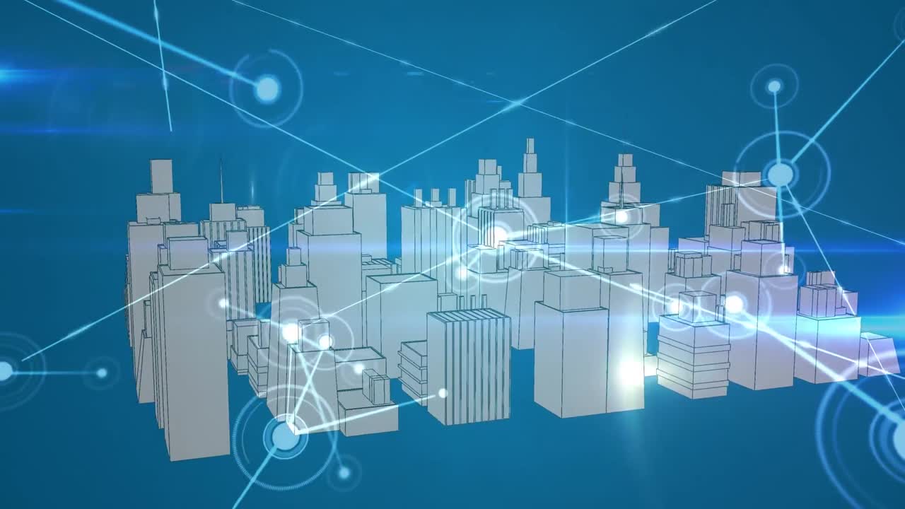 파란색 배경에 디지털 도시에 대한 연결 네트워크의 애니메이션