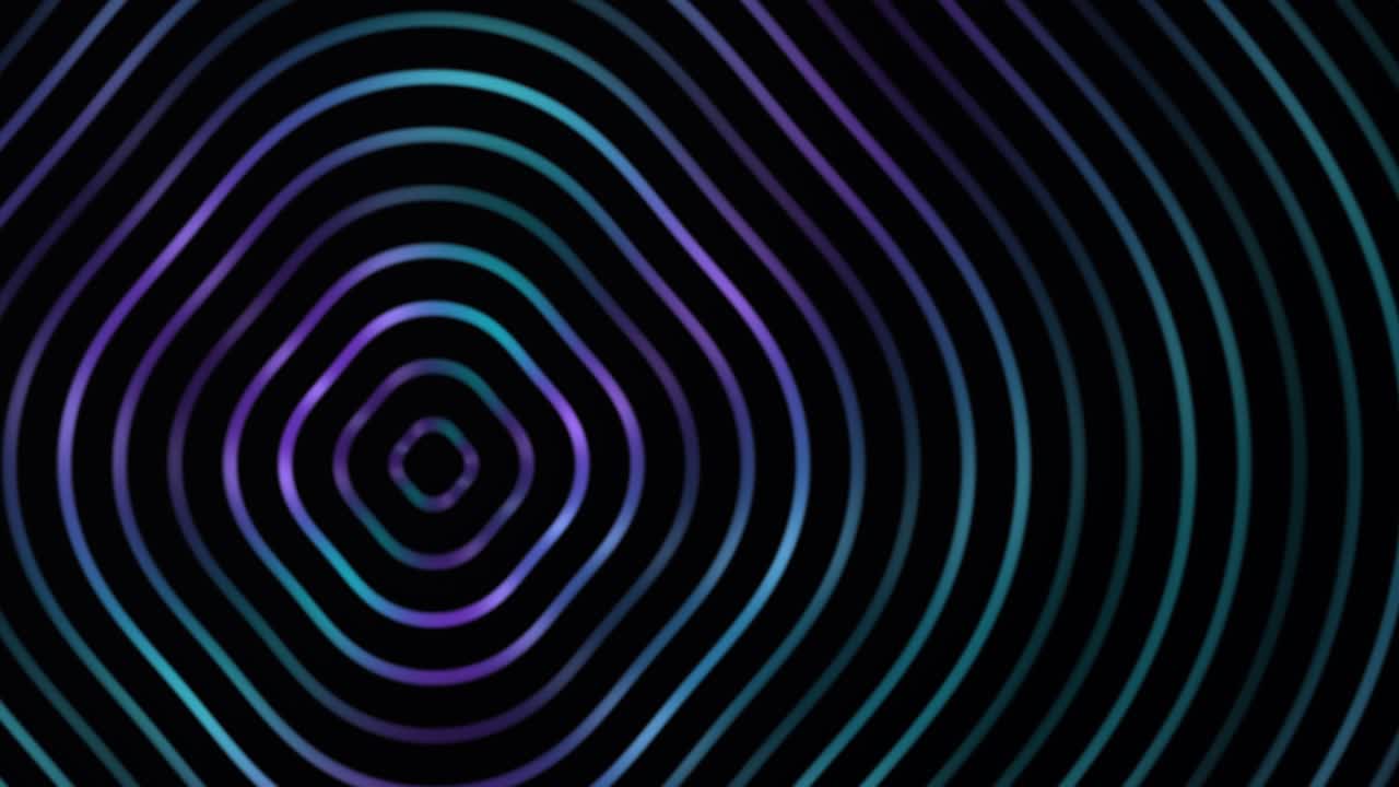 Abstract motion background featuring concentric curved bands in cyan and violet hues on a black field, creating a dynamic radial pattern
