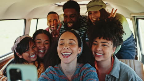 selfie, road trip and friends in a van happy