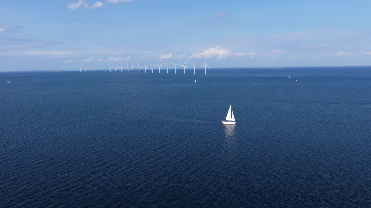 Aerial drone view of a sailboat cruising in Oresund waters, with a line of offshore wind turbines in the background