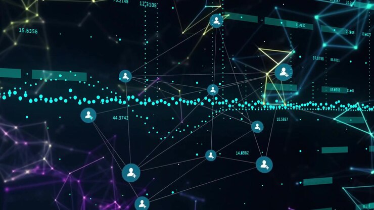 Digital network being visualized, showing teal nodes, gray lines, neon polylines, green bars