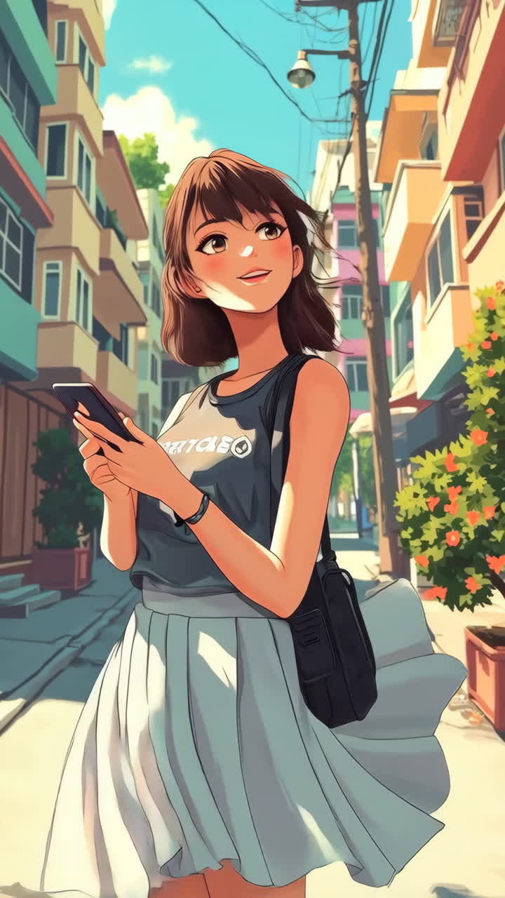 Ragazza anime su una strada urbana colorata con uno smartphone.