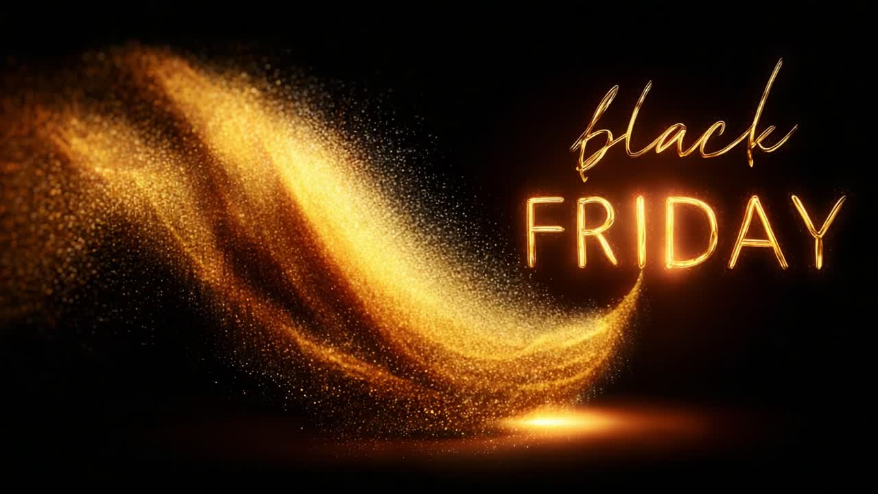 A stunning golden dust wave resembling both energy and elegance, effortlessly flowing through the air to highlight the excitement and allure of one of the year’s biggest shopping events