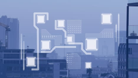 animation of shapes moving over cityscape