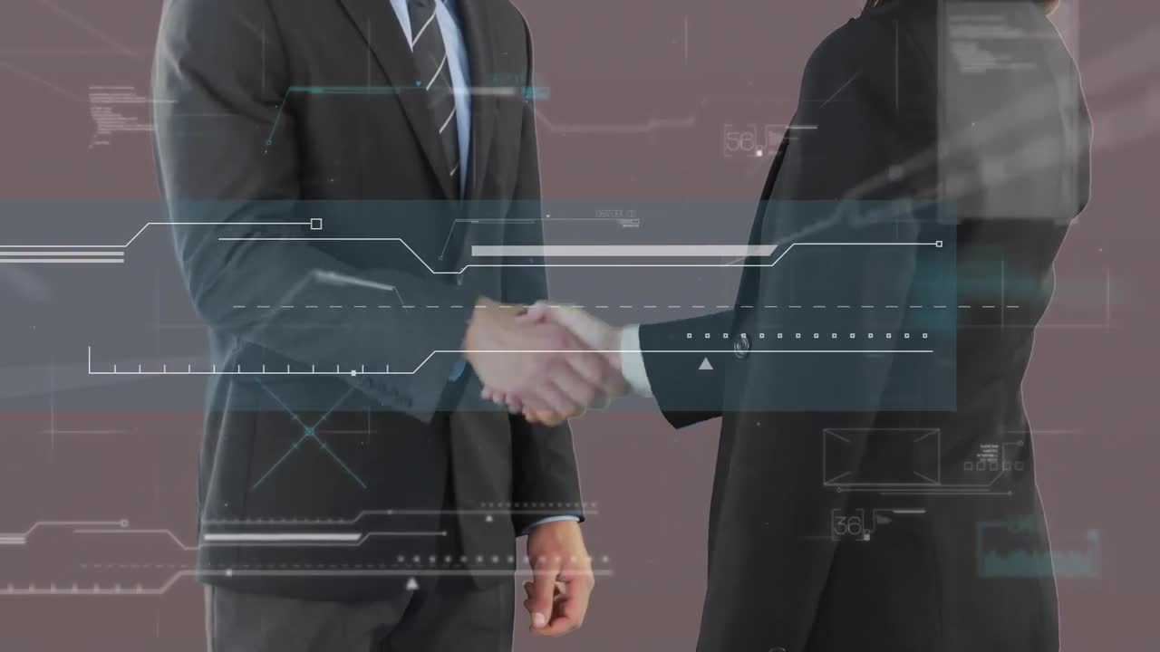 processamento de dados sobre a seção média de homem de negócios e mulher de negócios apertando as mãos