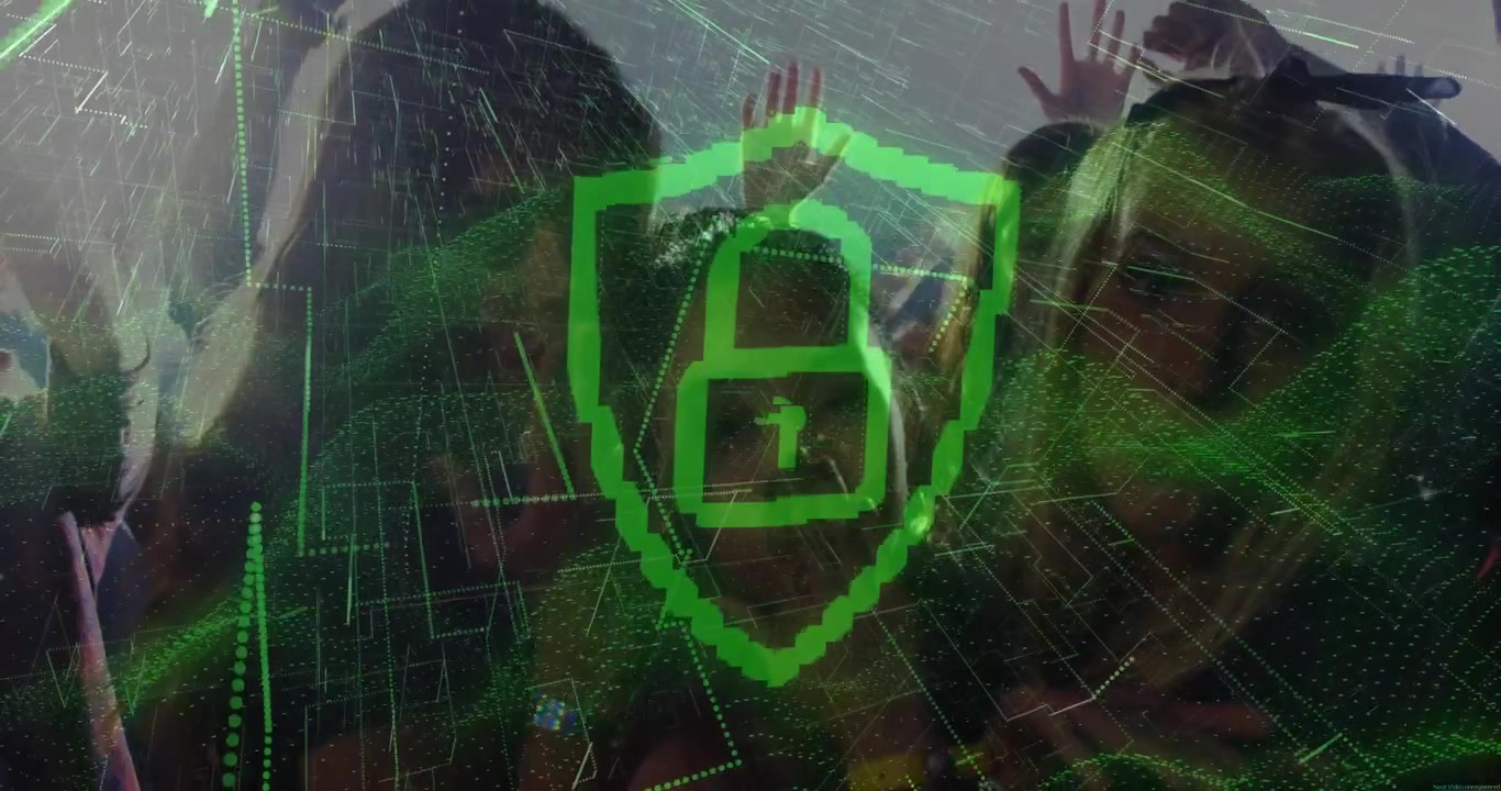 Three friends dancing in club after beat with shield cycling digits, grid locking for security tech