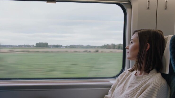 Gazing woman in light knit watching fields past train window, train moving, cup visible, copy space
