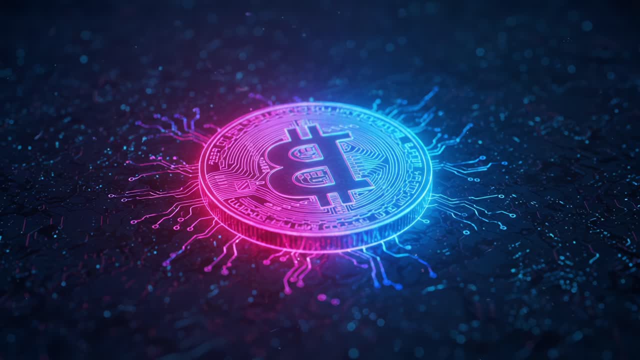 Illuminated Bitcoin Coin Surrounded by Neon Circuitry: A Glimpse into the Digital Currency Revolution and the Future of Blockchain Technology