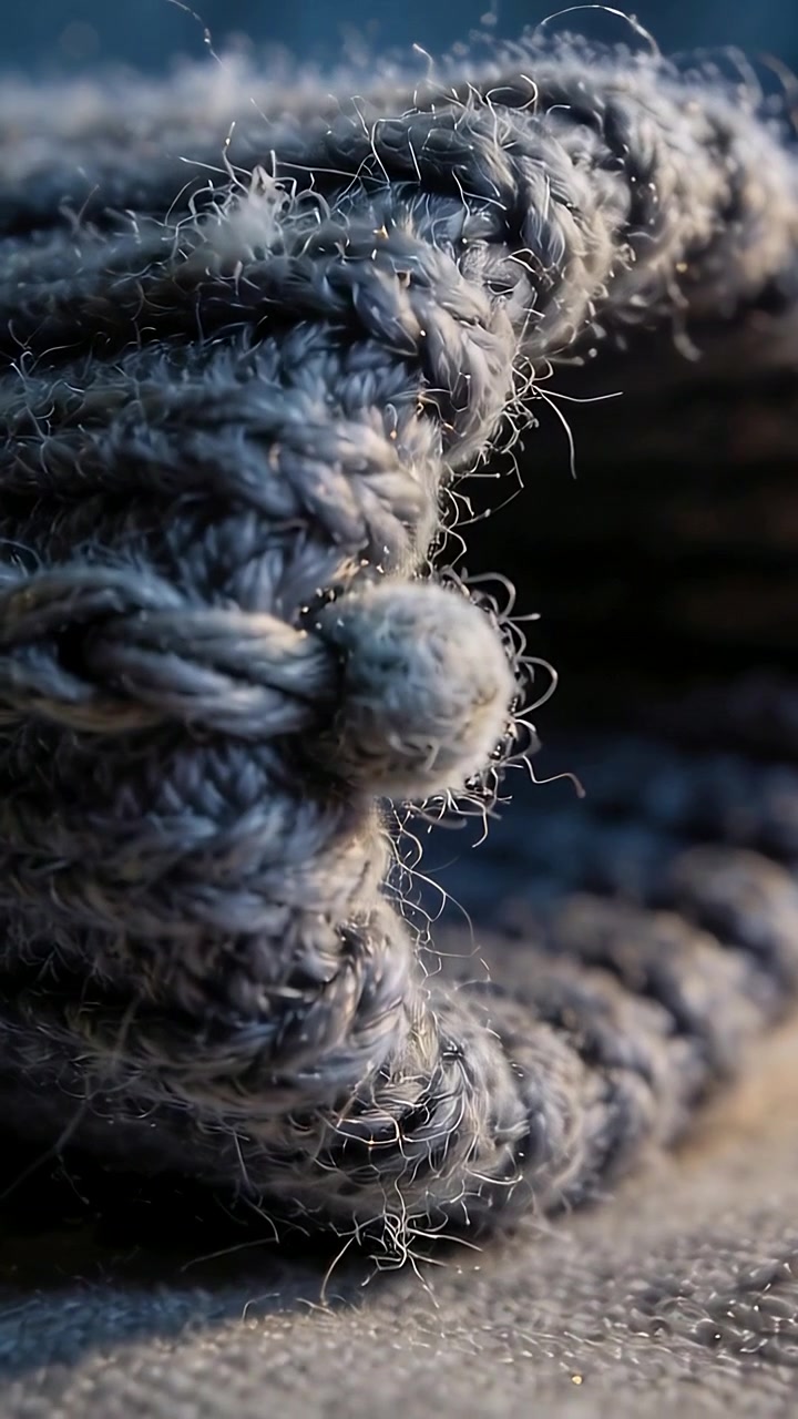 Video verticale: ripresa macro che si avvicina al polsino in maglia a coste ripiegato, rivelando i dettagli della trama