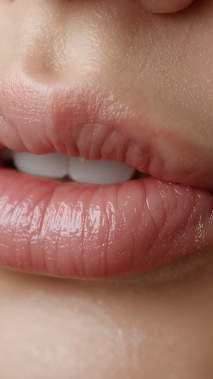 Vertical video: Starting closed lips with gloss, mouth parting to show front teeth, mole and saliva