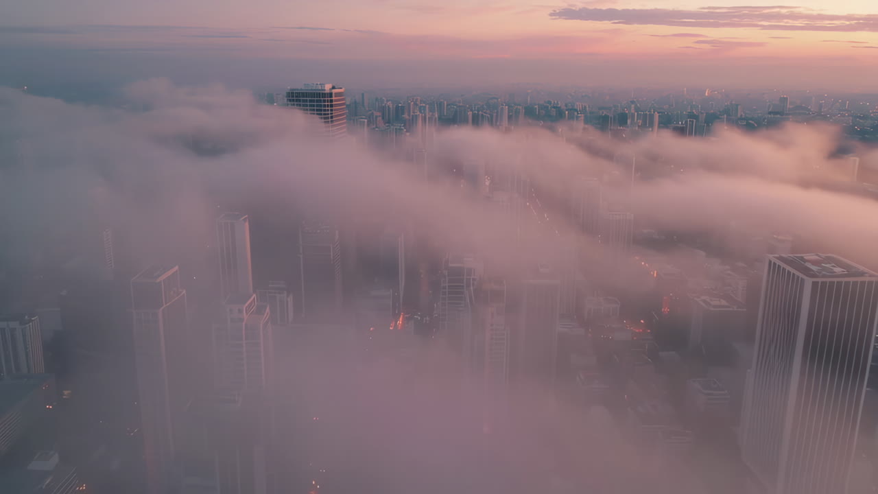 안개가 가득한 도시 해가 뜨는