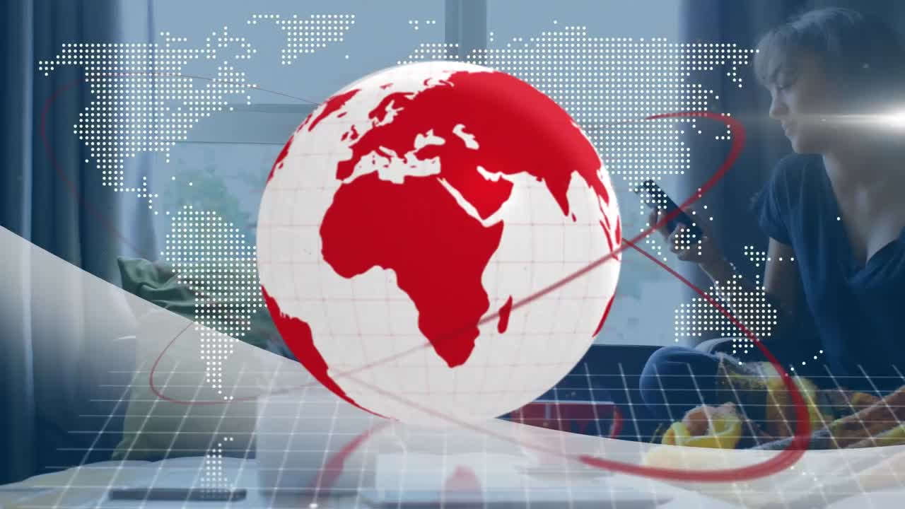 가정에서 스마트폰을 사용하는 백인 여성에 대한 지구와 세계 지도의 애니메이션