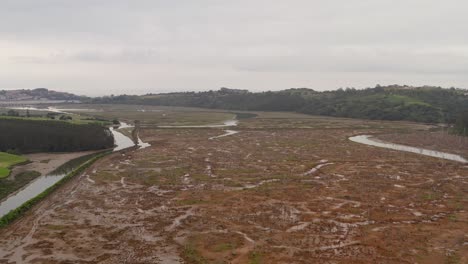 Cinematic-flyover-of-Spanish-marshland,-panoramic-aerial